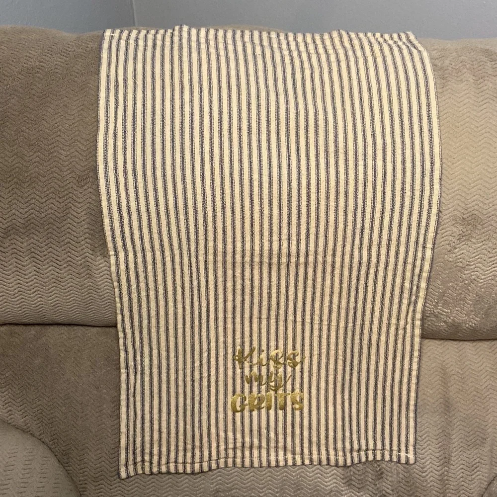Kiss My Grits Unbranded Kitchen Towel Blue Cream Stripes